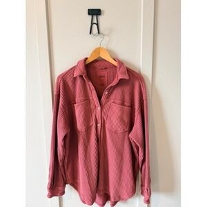 Aerie Waffle Knit Button Down Shirt Rose Pink Oversized Shacket Womens Medium